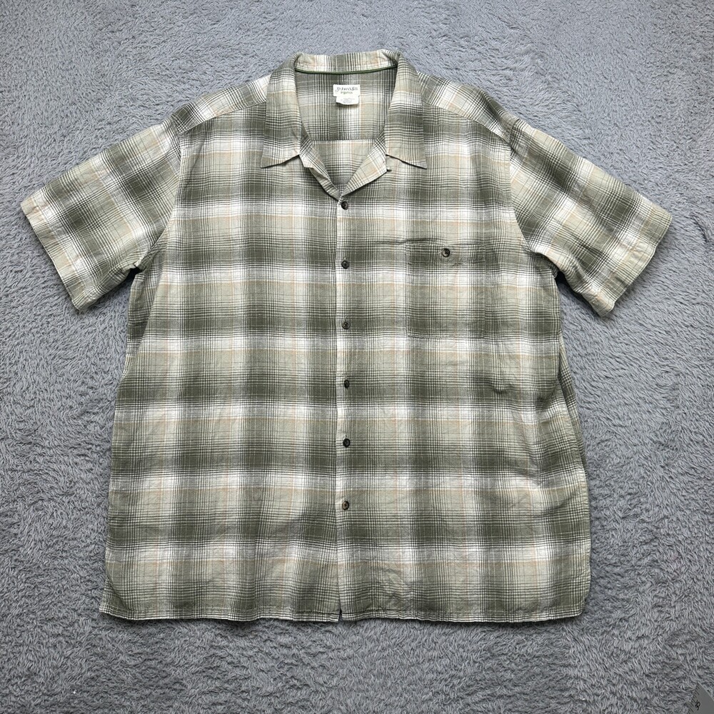 Linen Shirt Mens 2XL Green Plaid Cotton Blend Button St Johns Bay Loop Collar